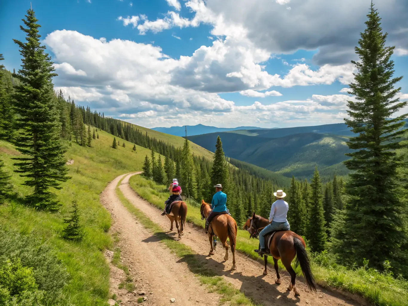 A scenic image of a group on horseback riding through the Creuse countryside, showcasing the natural beauty of the region and the recreational aspect of the activity.