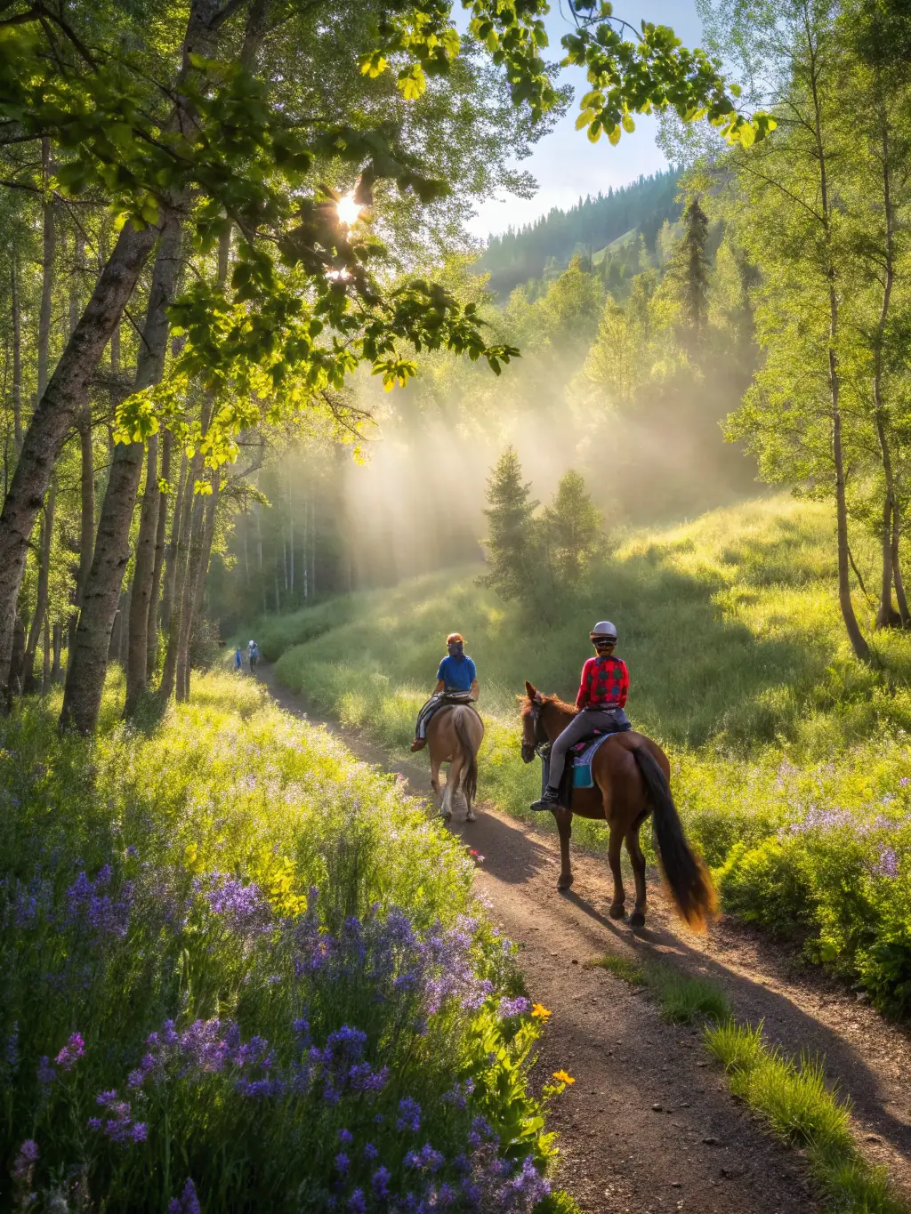 A group of people of all ages participating in a guided horseback trail ride through a scenic forest, emphasizing the recreational aspect.