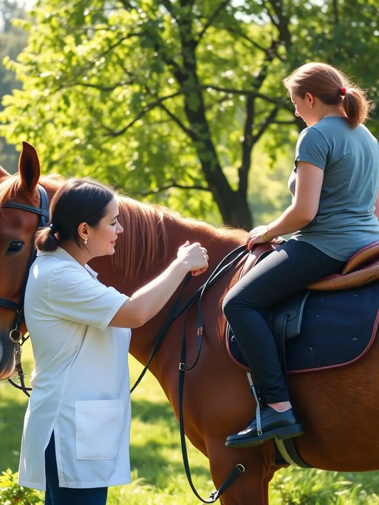 A person with a disability riding a horse with the assistance of two instructors, set against a backdrop of a serene countryside.