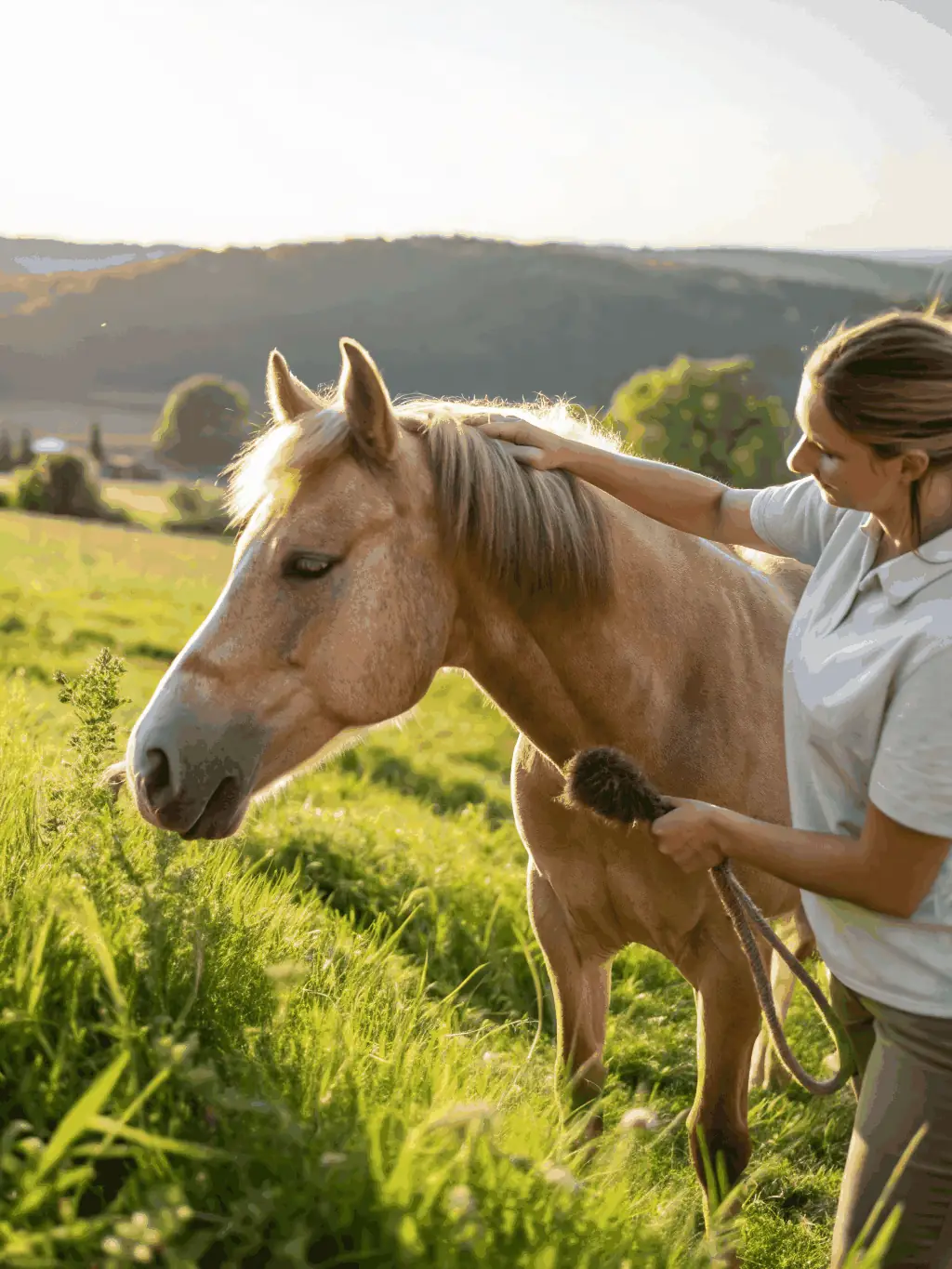 Volunteers assisting with horse care and stable maintenance, highlighting the community involvement aspect of the organization.