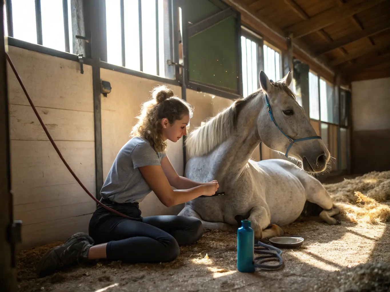 A photo of a horse grooming workshop, with participants learning about horse care and maintenance in a hands-on setting. The image should highlight the educational aspect of the activity.