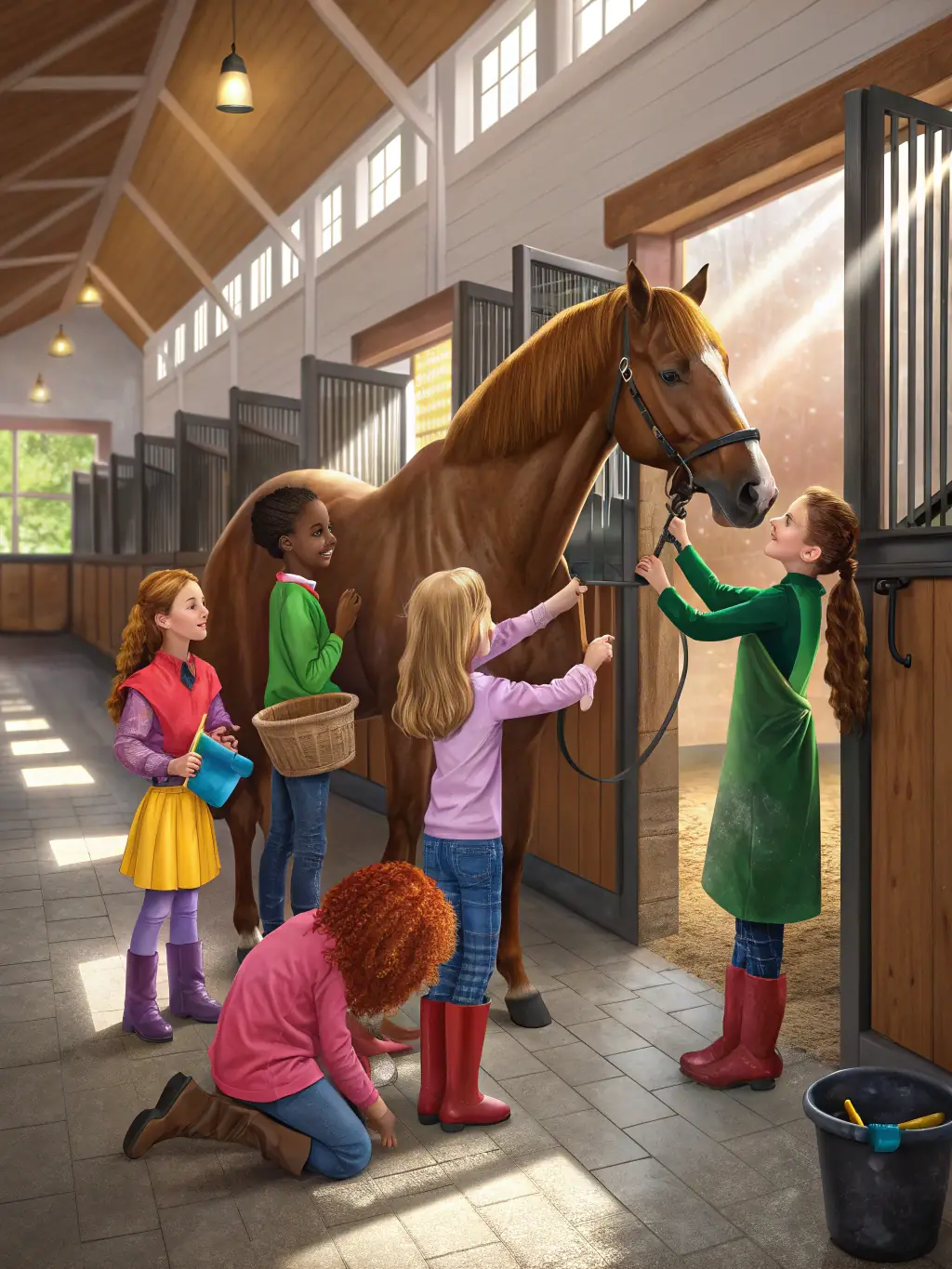 A group of children happily grooming a horse in a stable, sunlight streaming through the windows, showcasing the educational aspect of the program.