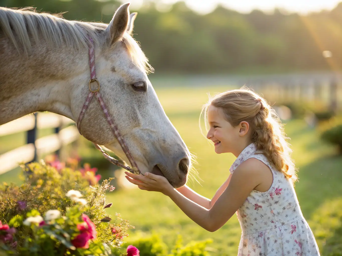 A group of children and adults participating in a therapeutic riding session, with a calm horse and supportive instructors in a sunny, green field. The image should convey a sense of safety, joy, and connection with the animal.
